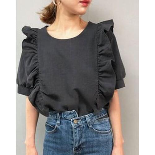 Woman Short Sleeve Blouse Ruffle Blouse Korean Japan Retro Round Neck Solid Slim T-Shirt Elegant Chic Vintage Casual Roupas Tops