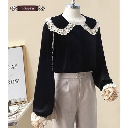 2020 Women Spring New Design Hollow Out Crochet Lace Tops Button Black Basic Shirts Blouses Vintage Japanese Style e2588