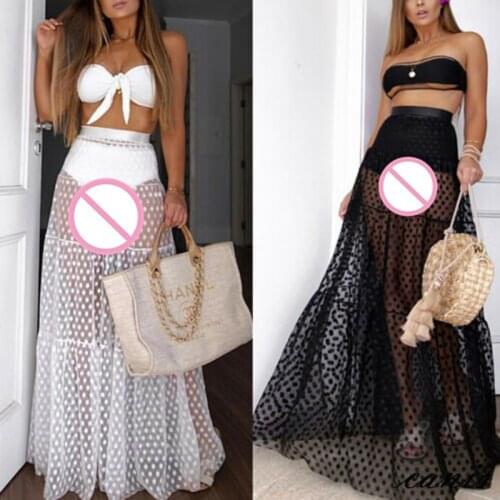 Women Skirt Floor-Length Hollow Out High Waist Solid Color Elegant Fashion See-through Loose Stylish Clothing