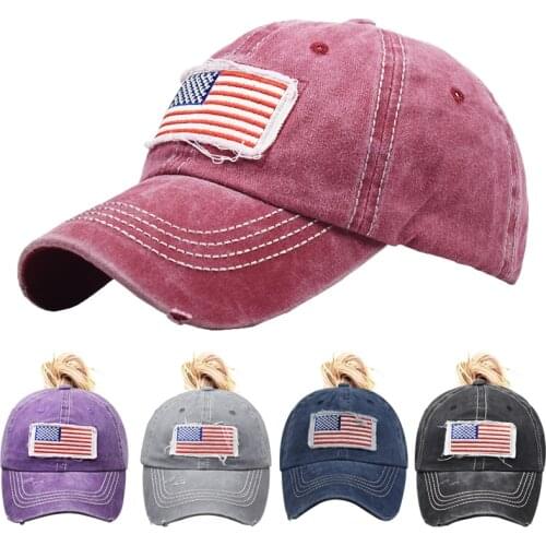 Womens USA Flag Embroidered Ponytail Baseball Cap Female Washed Cotton Casual Outdoor Sun Hat Girl Mesh Sports Gorras