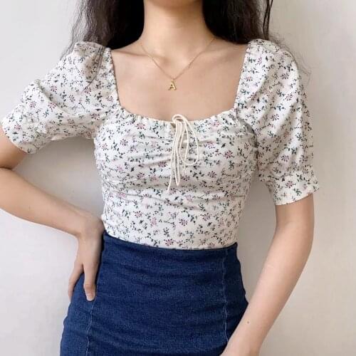 Summer tie floral print crop women white sexy elegant square neck short sleeve t-shirt for girls 2021 blouse tops y2k crop top