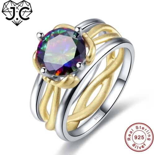 J.C Round Cut Ruby Spinel & Rainbow Topaz Solid 925 Sterling Silver Ring Size 6 7 8 9 Wedding Engagement For Women Fine Jewelry