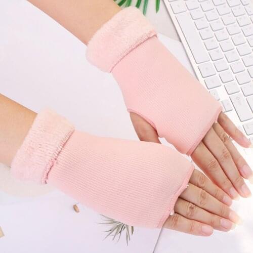 Winter Female Knit Acrylic Touch Screen Typing Mitten Autumn Women Plus Velvet Double Fingerless Writing Half Finger Glove