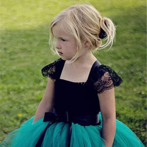 2021 Green girl flower long figure childrens fluffy Crochet Tulle figure prom dress with ribbon bow childrens party dress