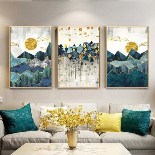 Abstract Nordic Geometric Mountain Landscape Wall Art Golden Sun Canvas Painting Poster Print Picture for Living Room Cuadros