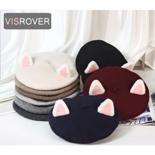 VISROVER 2020 New Cute Adult Cat Ear 100% Wool Beret Solid Autumn Hat Winter Cap Spring Punk Beret Hat Rabbit Beret Wholesale