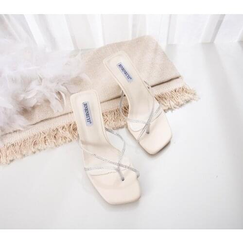 Dazzling crystal clip toe transparent flip flops mujer european celebrity stiletto high heels sandalias square toe clear sandals