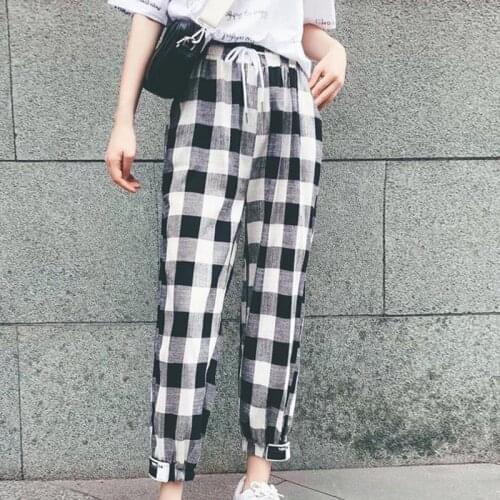 Summer Women Casual Loose Plaid Print Lace Up High Waist Elastic Harem Pants Black Red Capris Fashion Femme Plaid Trouser S1