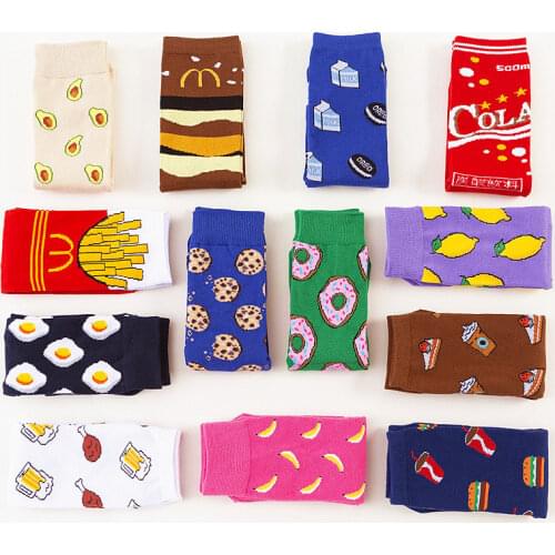 Colorful Womens Socks Womans Cotton Socks Fruits Banana Avocado Lemon Egg Cookie Donuts Food Happy Color Sox Harajuku Socks