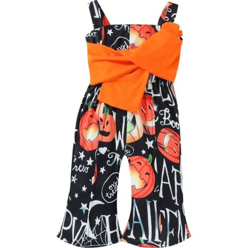 FOCUSNORM Halloween Newborn Baby Girls Boys Jumpsuits Outfits 0-24M Strap Sleeveless Bowknot Pumpkin Printed Flare Pants