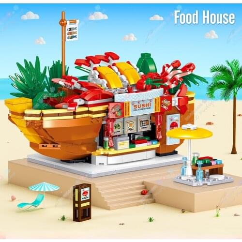 City Food Houses Street View Hot Pot Cafe Sushi Stores Building Blocks Montessori MOC Educational Bricks Toys For Children Gifts