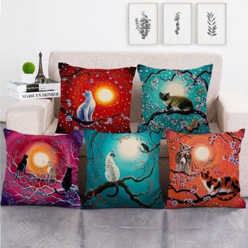 Colorful Kitten Cherry Blossoms Pillowcase Cute Cartoon Cat Printing Square Pillow Cover Home Decor Car Sofa Cushion Case 45cm