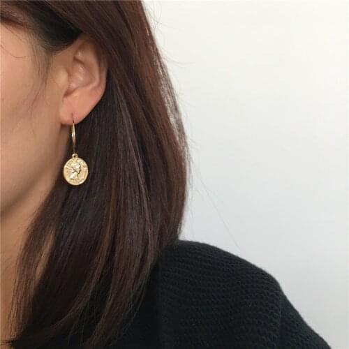 TRENDY EARRINGS GOLD COLOR PLATING COIN CHARM THIN HOOP EARRINGS FOR WOMEN GIRL