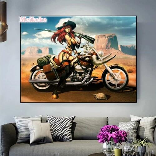 Motorcycle Sexy Lady woman hot Gun Diy 5D Full Diamond Painting cross stitch kits art Cartoon 3D paint by diamonds mosaic gift