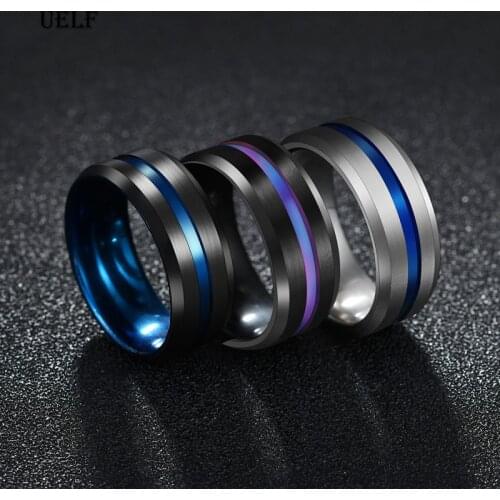 Uelf Hot Sale Groove Rings Black Blu Stainless Steel Midi Rings For Men Charm Male Jewelry Dropshipping