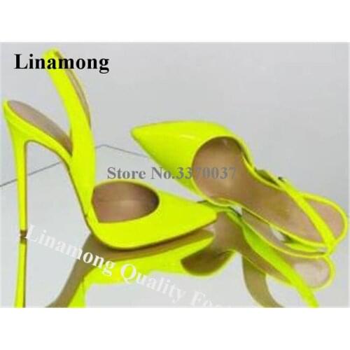 Linamong Charming Patent Leather Pointed Toe Stiletto Heel Pumps Neon Yellow Rose Pink Slip-on High Heels Big Size Heels