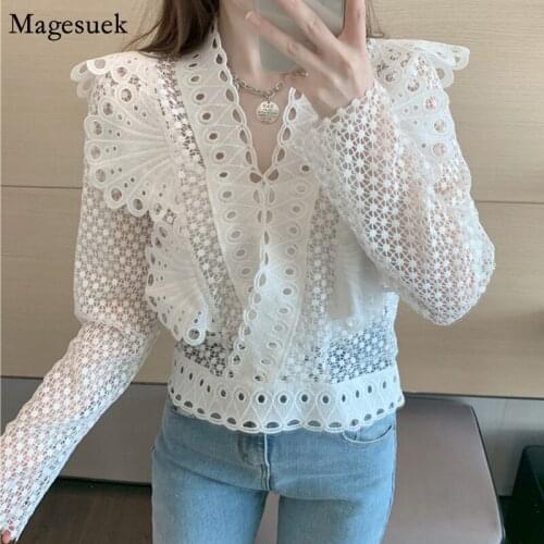 Chic Women Puff Sleeve Casual Tops V-neck Butterfly Long Sleeve White Shirt New Spring Crochet Hollow Lace Blouse Blusas 12960