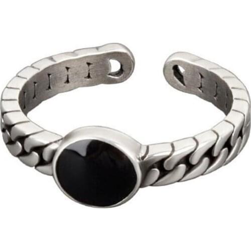 Vintage Women Silver Color Ring Trendy Round Black Button Finger Accessories Open Chain Chic Rings Lady Party Jewelry
