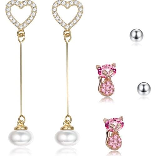 ZEMIOR 925 Sterling Silver Earrings For Women Cute Heart Pearl Earrings Sets Sparkling Fox Pink CZ Stud Earring Jewelry Gift