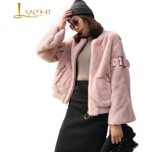 LVCHI Winter 2019 Womens Pure Pink Black Mink Coats Natural Fur Insignia Flare Sleeve Mink Coat Full Pelt O-Neck Mink Fur Coats