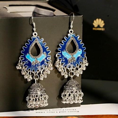 Ethnic Blue Flower Indian Jhumka Jewelry Vintage Bell Tassel Earring Boho Hanging Earrings For Women Pendientes