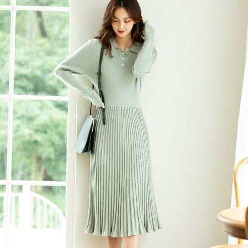 Women Dress Long Sleeve Elegant Midi Dress Knitted A-line High Waist Black Pleated Dress Party Spring Autumn Winter vestidos