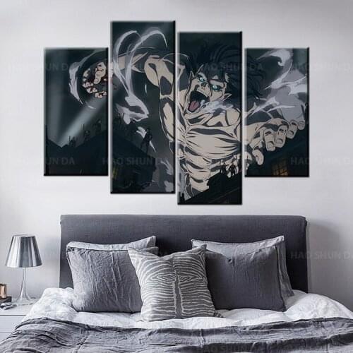 4 Panels Attack on Titan Season 4 Anime Poster Wall Decoration Mordern Manga Oil Painting Canvas Home Decor