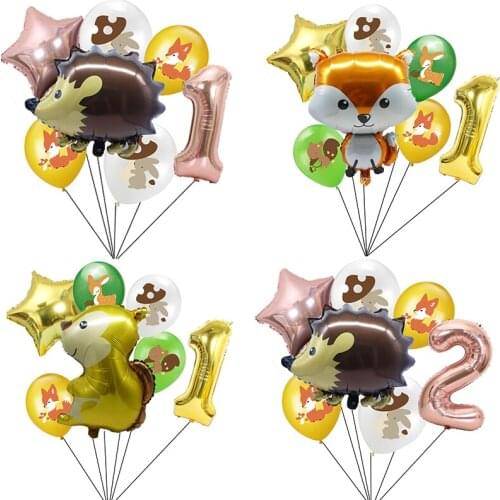 7pcs/set Cute Large Jungle Hedgehog Fox Raccoon Balloons Animal Foil Balls 32Inch Number Birthday Safari Party Decor Kids Toys