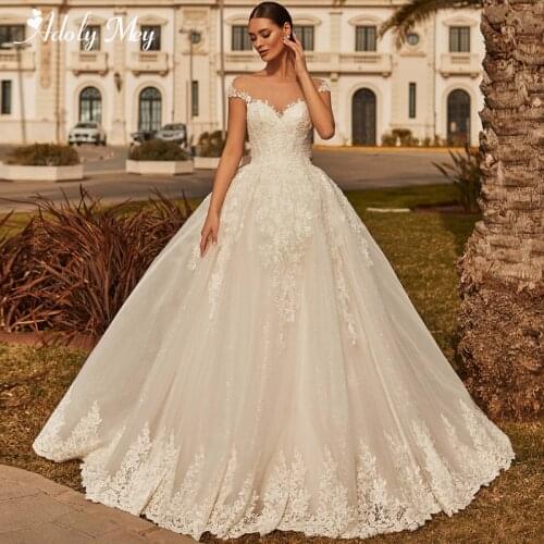 Adoly Mey Elegant Scoop Neck Lace Up A-Line Wedding Dresses 2020 Beading Cap Sleeve Appliques Sparkly Tulle Princess Bridal Gown