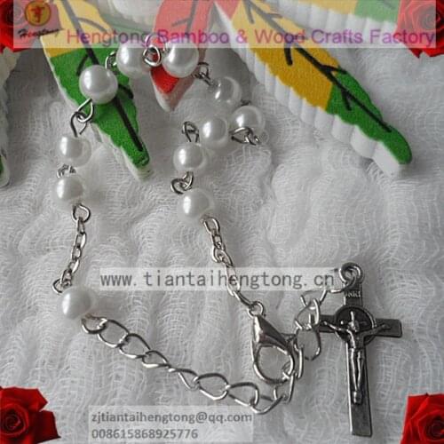 Free ship 10pcs/pack 6mm glass rosary bracelet,religious faux pearl bead bracelet,rosary bangle with benedict cross charm