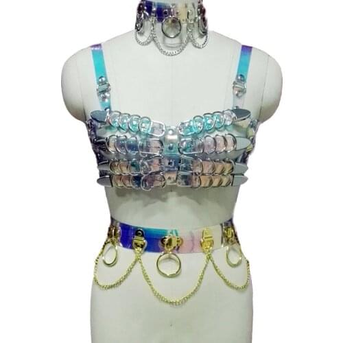 100% Handcrafted Heavy Duty Holo Bra Women Harness Holographic Iridescent Laser Choker with Chain Link Body Waist Belts Straps