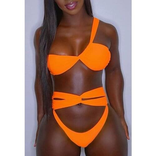 High Waist Bikini Set 2021 One Shoulder Womens Swimsuit Hollow Out Swimwear Brazilian Orange Bikinis Beach Wear Bathing Suit
