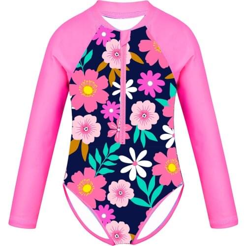 Kids Girls Floral Printed Swimwear Beachwear Long Sleeves Zippered Swimsuit Children Swimming Bathing Suit Rash Guard Bodysuit