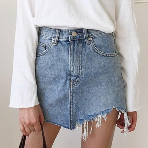 Summer Women Denim Skirts High Waist Jupe Irregular Edges Jeans Skirt Female Mini Saia Plus Size Faldas Casual Pencil Skirt
