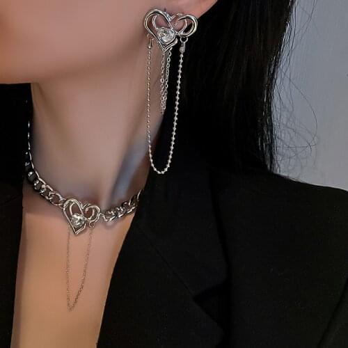 Punk Style Geometric Crystal Heart Jewelry Set for Women Necklace & Earrings Long Chain Tassel Dangle Earrings Party Jewelry