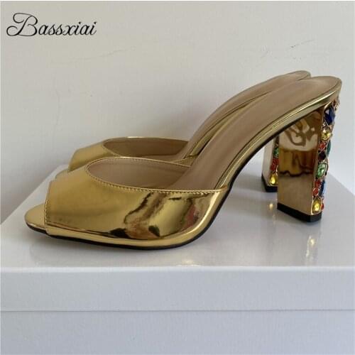 Sexy Patent Leather Slingbacks Mules For Girls Colorful Diamond High Heel Peep Toe Rhinestone Summer Sandals Women