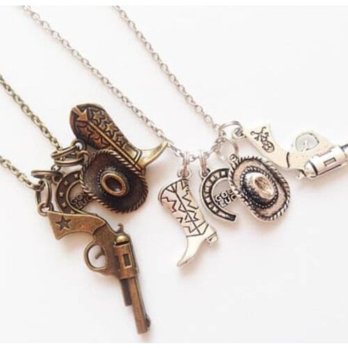 Retro Bronze Cowboy Hat boots gun horseshoe necklace Cowboy Jewelry Cowboy Charm Cowboy Gift Gun Necklace wholesale