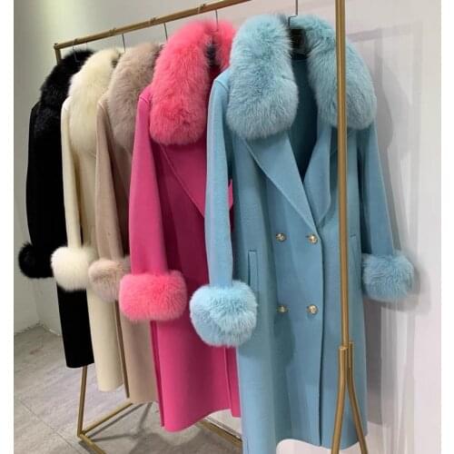 Luxury Ladies Elegant Cashmere Jacket With Fox Fur Collar Cuffs Classic Handmade Wool Coats Women Trench Belt