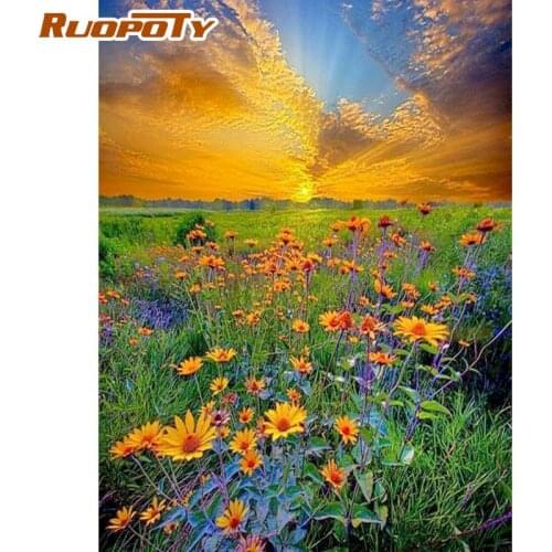 RUOPOTY Framed Painting By Numbers Kits Hand Made Sunset Flower Field Landscape Picture By Number Drawing On Canvas Diy Gift