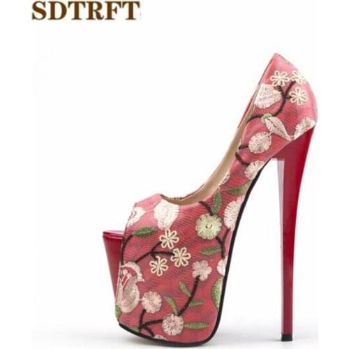 SDTRFT Sexy embroidery 20cm thin high heels RED pumps Peep Toe women Shallow Mouth shoes zapatos de mujer Super size:34-48 49 50