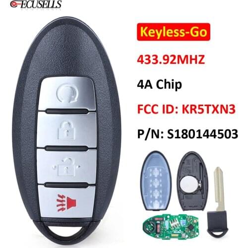 3+1/4 Buttons Keyless-Go Smart Remote Car Key 433.92Mhz 4A Chip FCC ID: KR5TXN3 S180144503 For Nissan Kicks Rogue 2018 - 2020