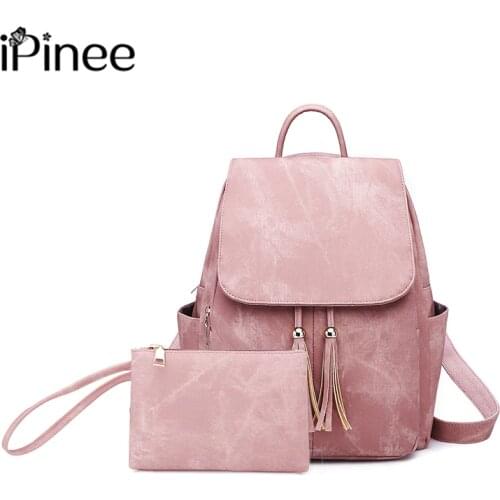 IPinee High Quality Tassels Women Backpack PU Leather Shoulder Bags for Women 2021 New School Bags for Girls With Purse