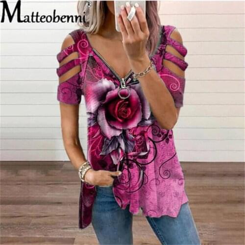 Loose Casual Rose Printing T-Shirt Tops 2021 Summer Womens Hollow Out Short-Sleeve Top Fashion Zipper V-Neck T-Shirt Plus Size