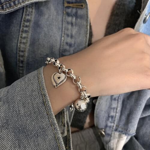 925 Sterling Silver Ball Heart Bracelet for Women Thick Chain Bracelet Thai Silver Jewelry