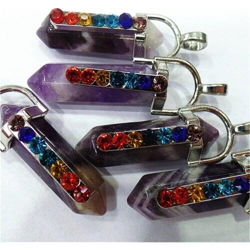 10Pcs 41x8mm Wholesale Natural Purple Amethyst Six Angle Alloy With Hood Set Auger Reiki DIY Handmade Jewelry Accessories S822