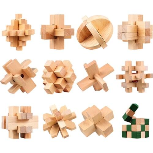 12Pcs Wooden Burr Puzzle Kongming Luban Lock Brain Teaser Toy Primary Level