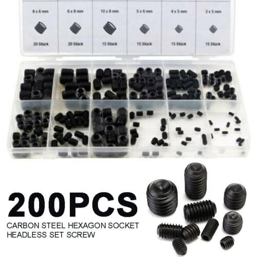 200pcs Black Carbon Steel Hexagon Hex Socket Set Screw M3-M10 Metalworking Metric Grub Screw Headless Assortment