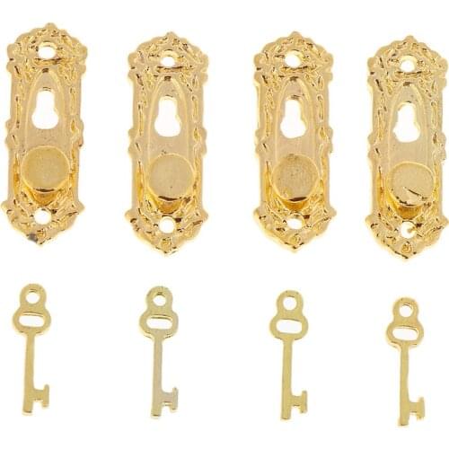 4 set Metal Vintage Dollhouse Miniature Door Mini Pull Handles Locks with Key 1/12 Scale Furniture Accessories Kids Toys