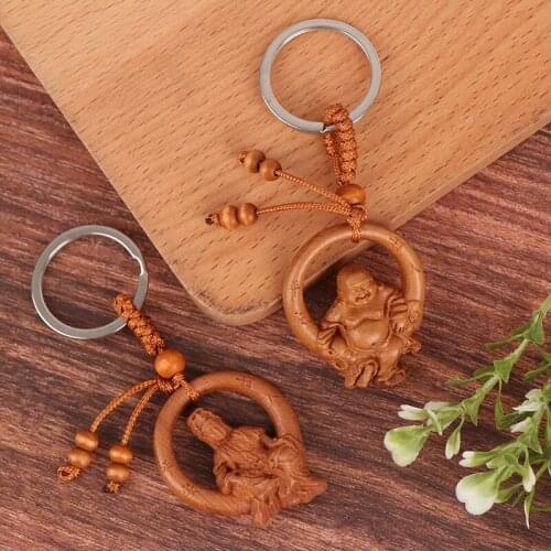 Vintage Hand Engraving Mahogany Big Belly Buddha Wood Keychain Keyring Lucky Key Chain Jewelry Gift For Car Accessories