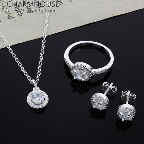 Charmhouse Silver 925 Jewelry Sets For Women Cubic Zirconia Pendant Necklace+Ring+Stud Earrings 3PCS Sets Wedding Bridal Jewelry